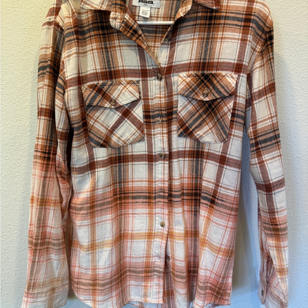 RSQ Women's Plaid Button Down Shirt - Orange, Brown, White
